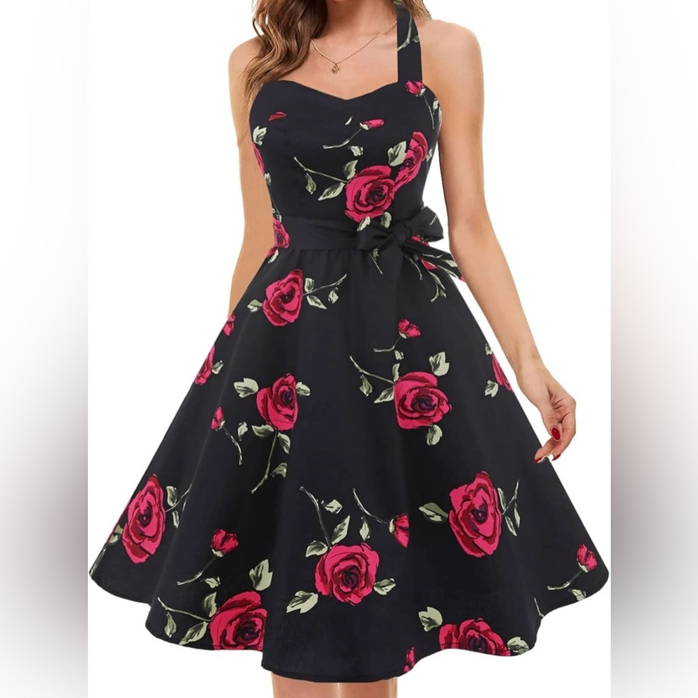 Top dress Vintage Halter Floral Black and Red Dress